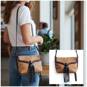 Aimee kestenberg pebbled leather crossbody bag w/ tassel & braided edge detail
